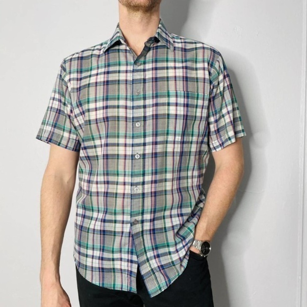 Vintage 80s Plaid short sleeve‎ shirt